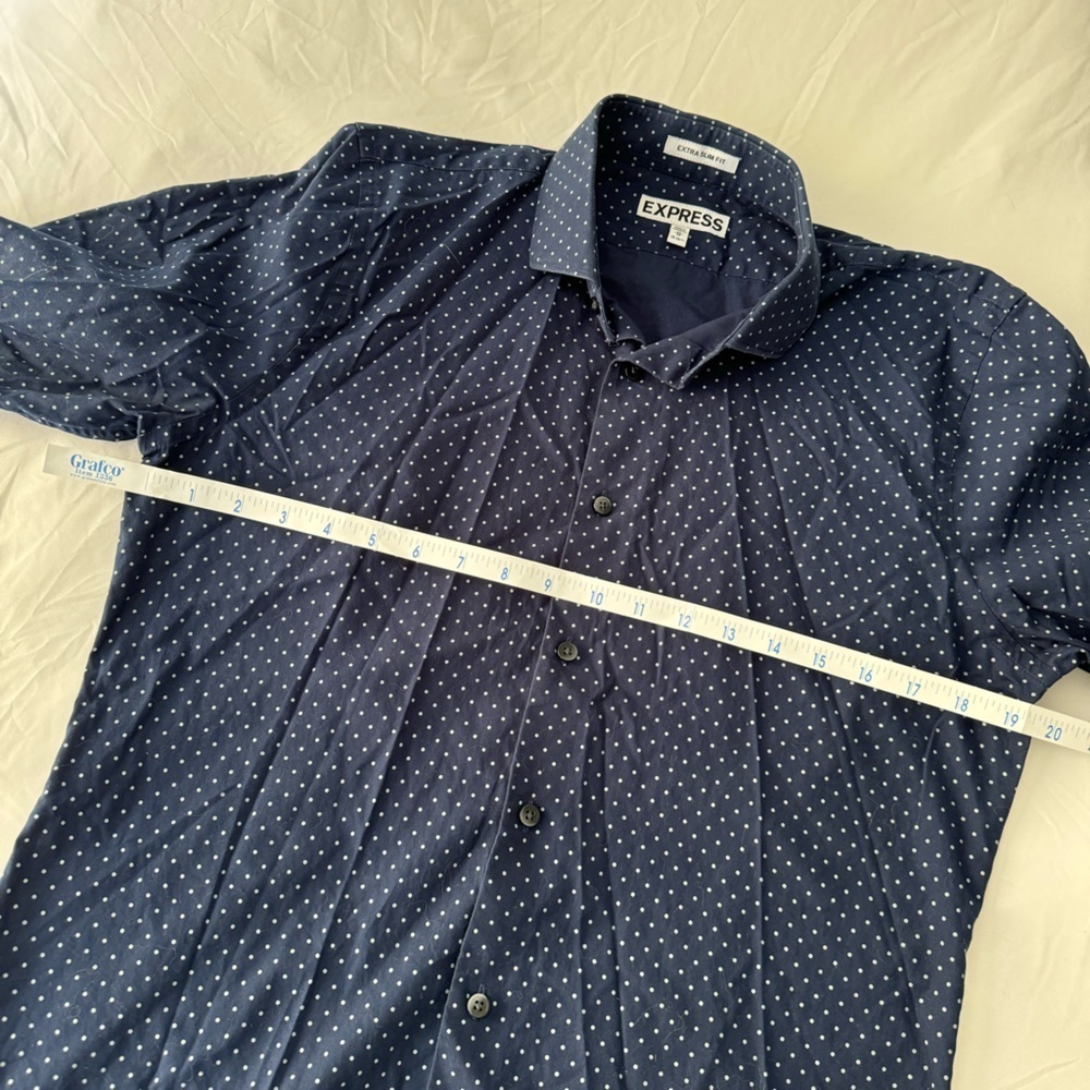Men’s Express Extra Slim Dots Dress Shirt, Navy Blue - Picture 7 of 11